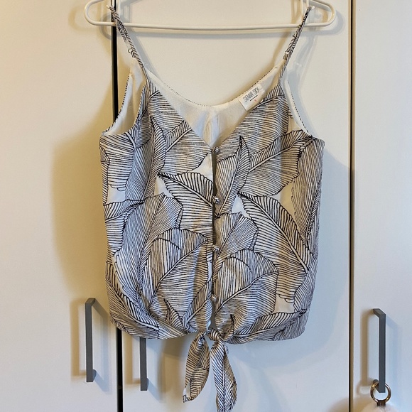 Black and white palm print tank with knot SIZE S - Picture 1 of 4